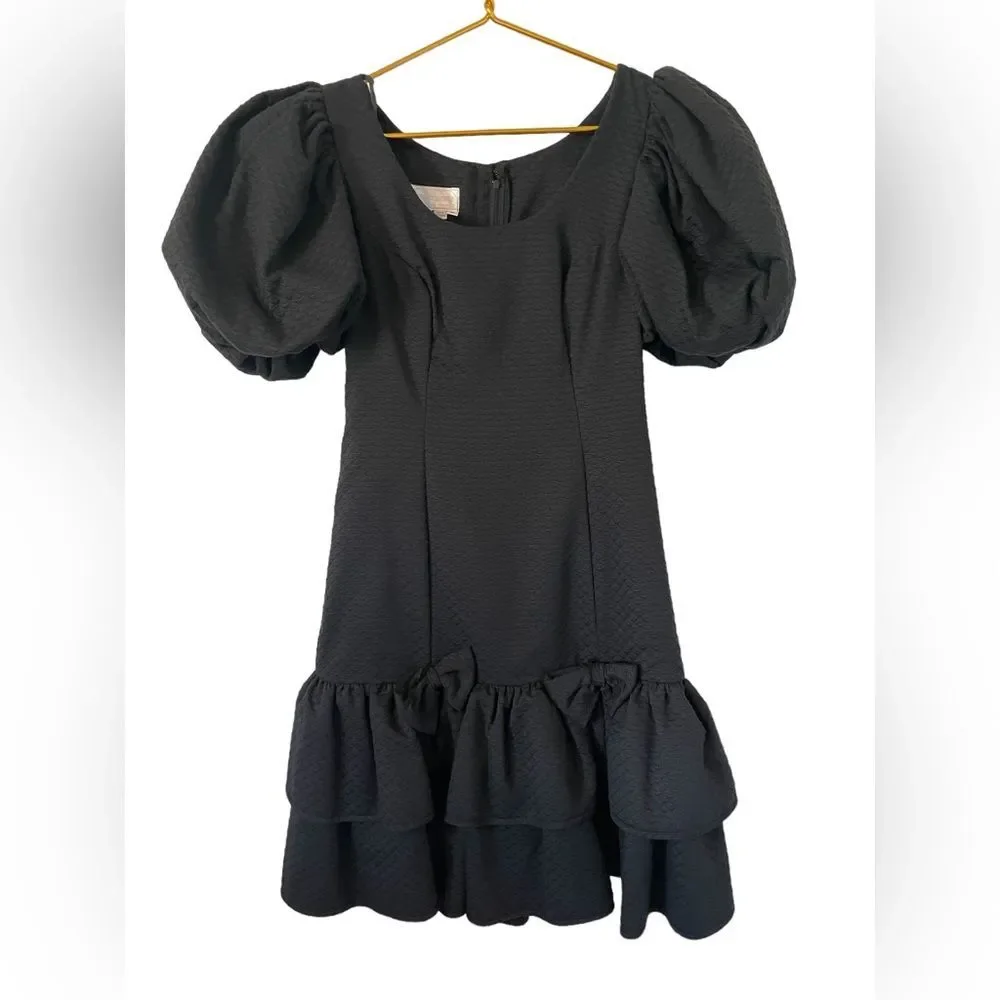 Blair Woolverton Puff‎ Sleeve Drop Waist Black Dress, Size 6